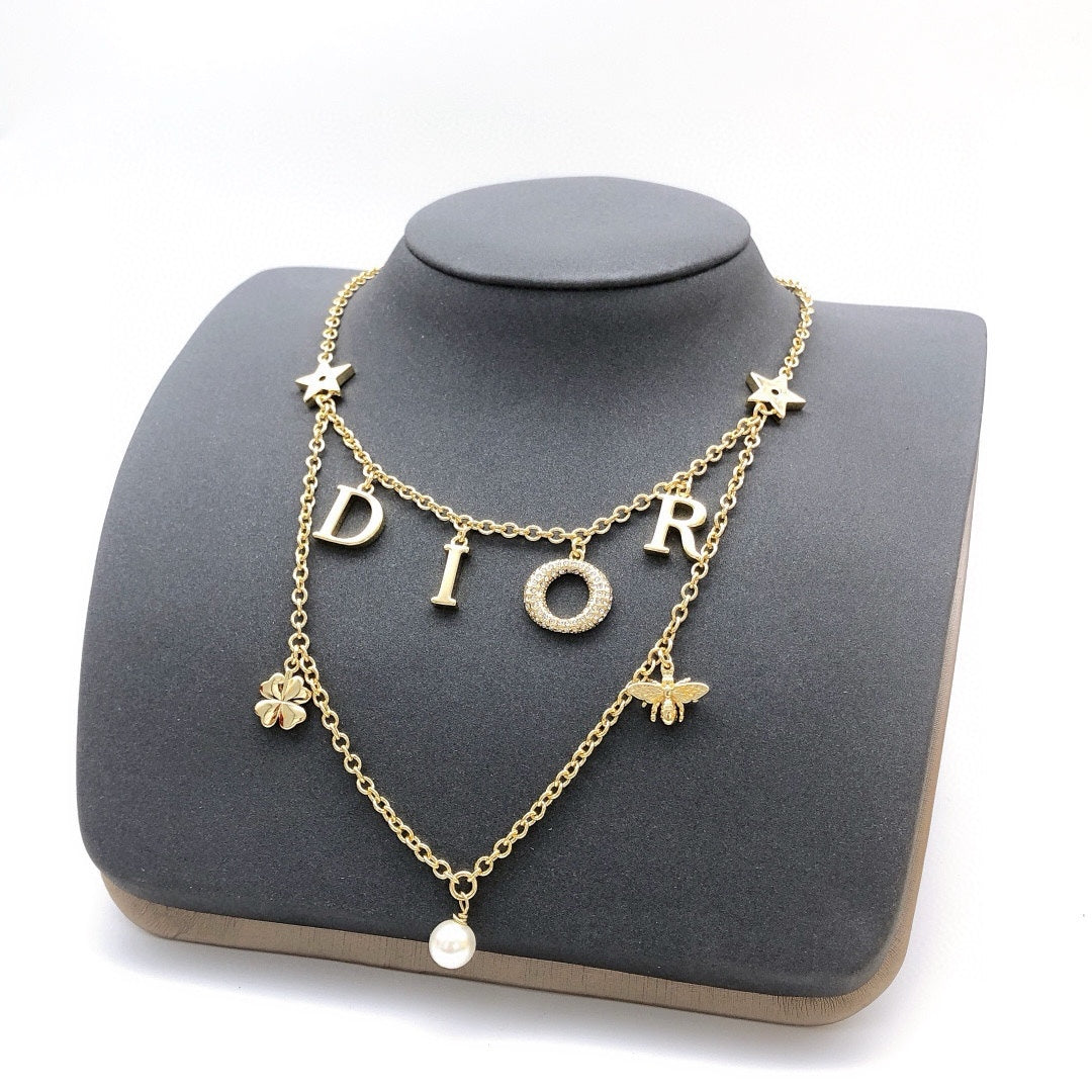 yellow brass letter Necklace for women - alternate angle view 2