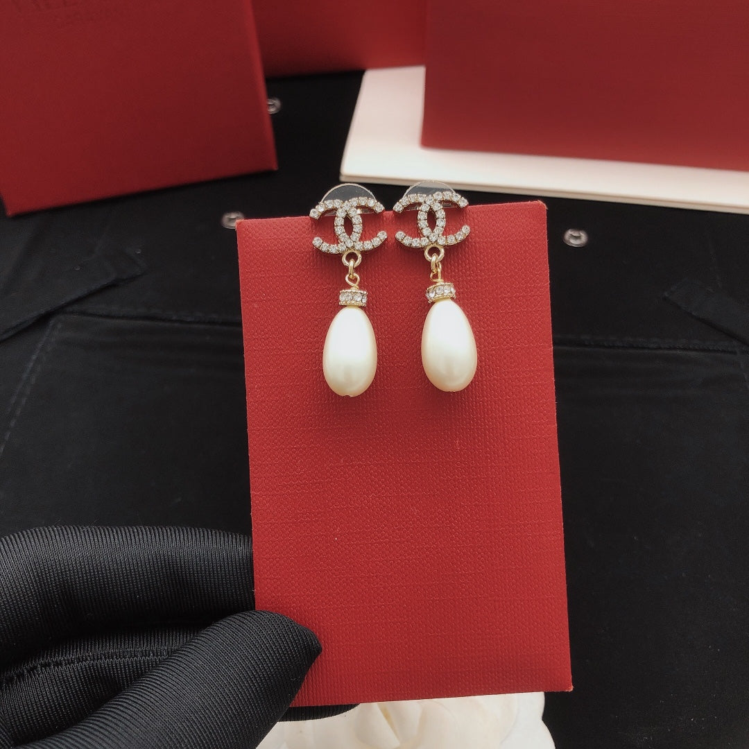yellow brass pearl Stud Earrings for women - alternate angle view 2