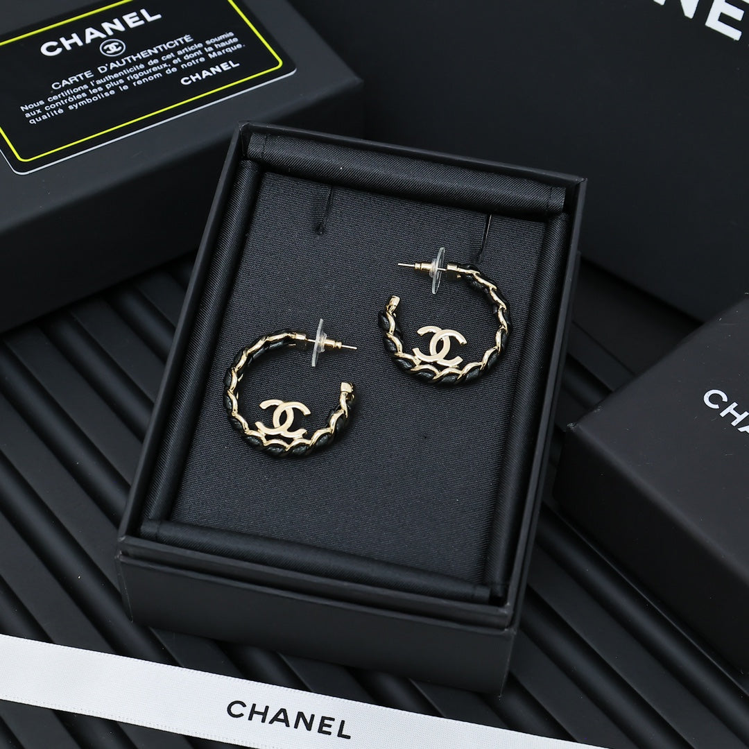 black and gold leather double c Drop Earrings for women - product detail view