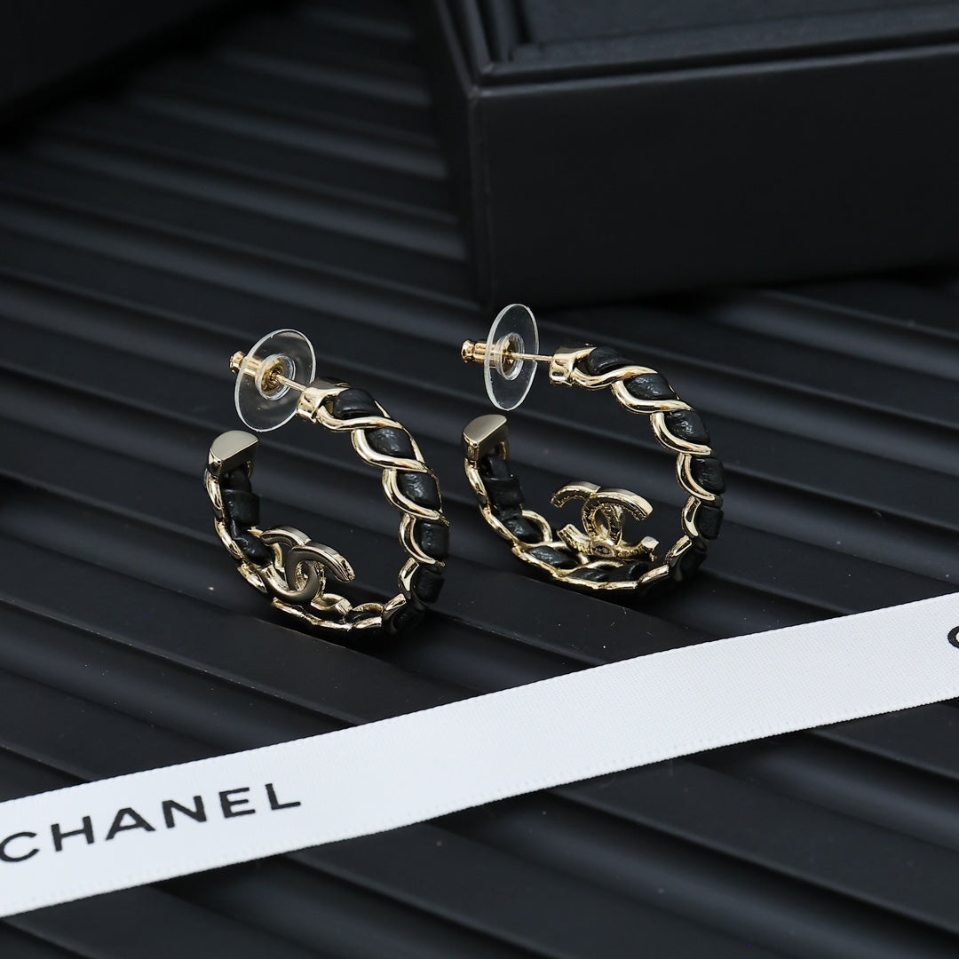 black and gold leather double c Drop Earrings for women - alternate angle view 7