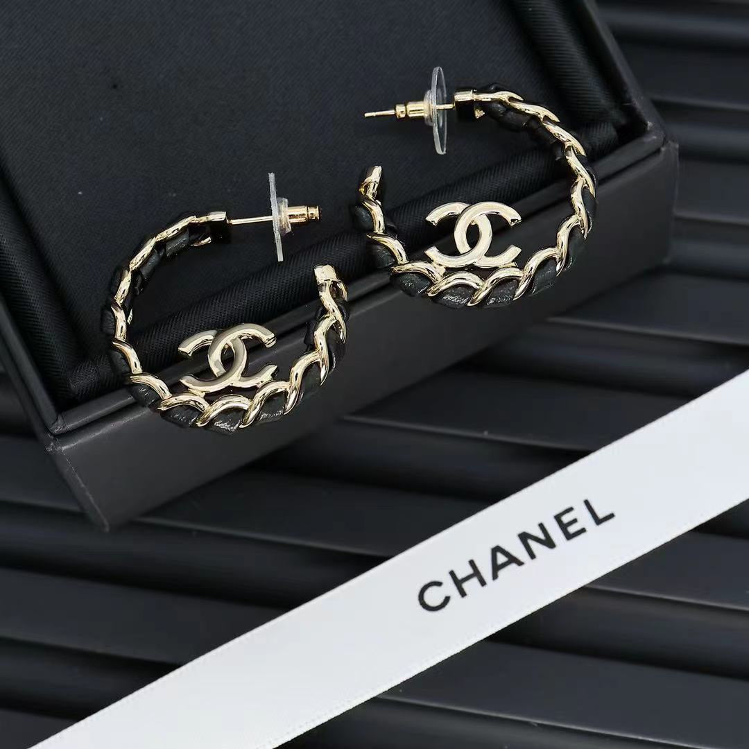 black and gold leather double c Drop Earrings for women - alternate angle view 2