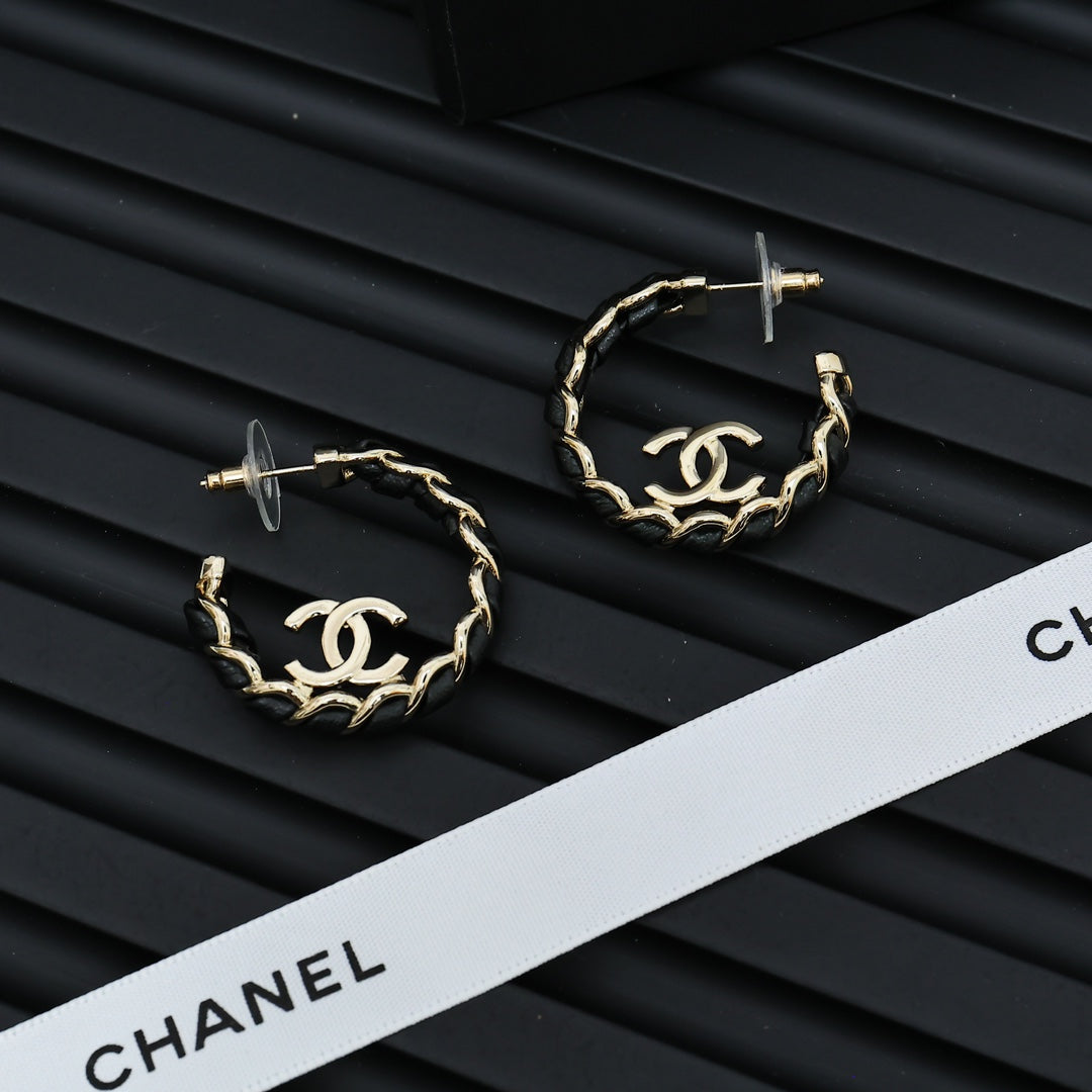 black and gold leather double c Drop Earrings for women - alternate angle view 6