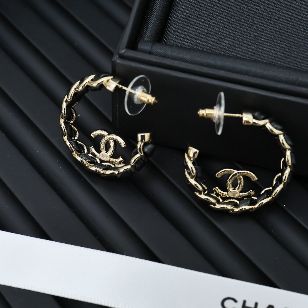 black and gold leather double c Drop Earrings for women - alternate angle view 3