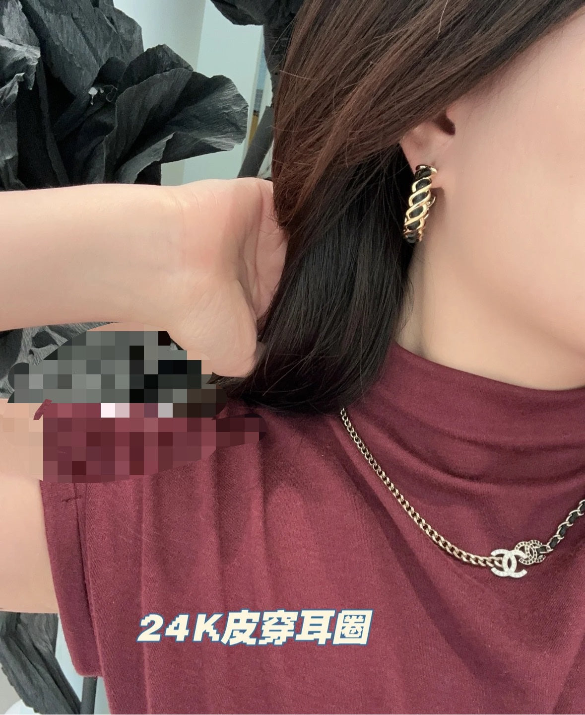 black and gold leather double c Drop Earrings for women - alternate angle view 8