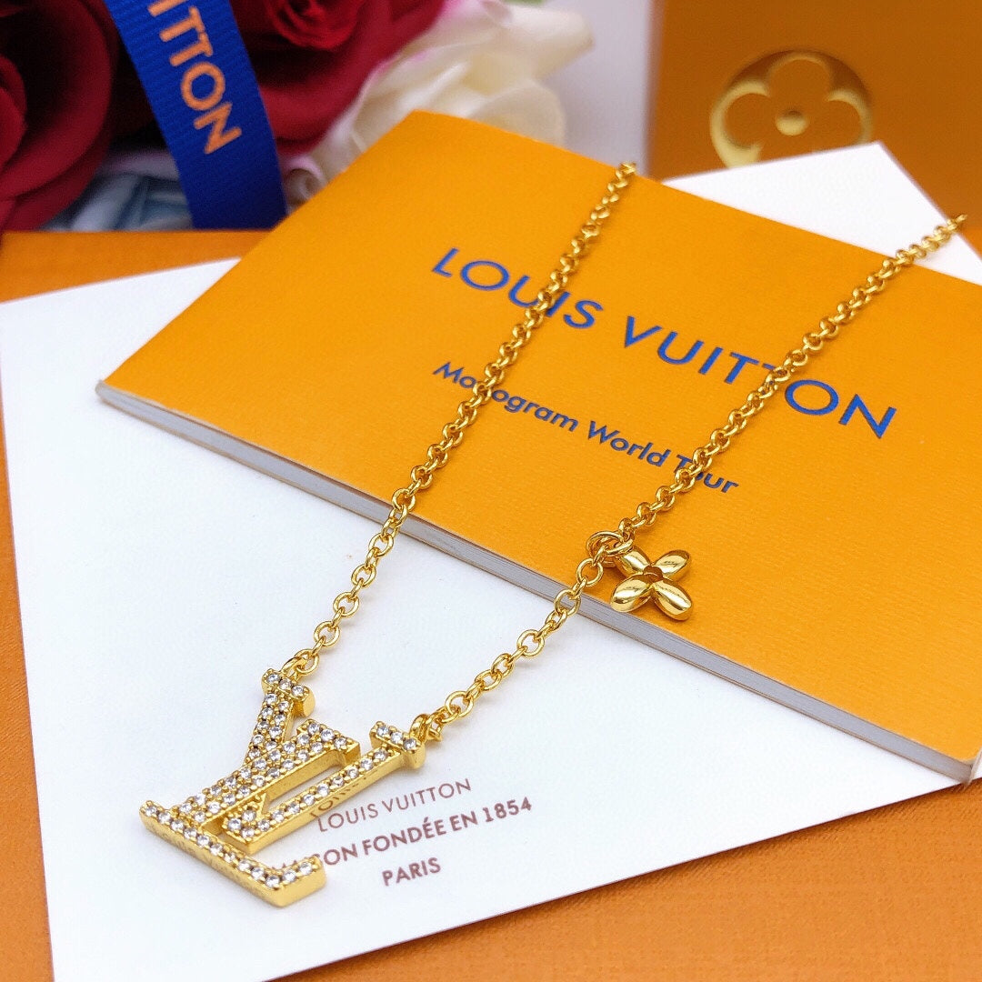 yellow brass crystal inlaid Necklace for women - alternate angle view 2