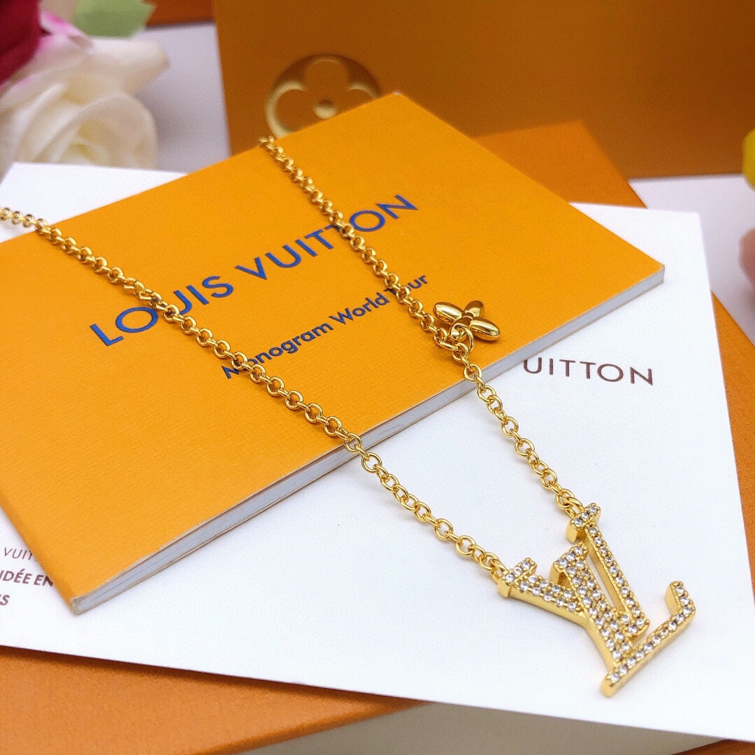 yellow brass crystal inlaid Necklace for women - product detail view