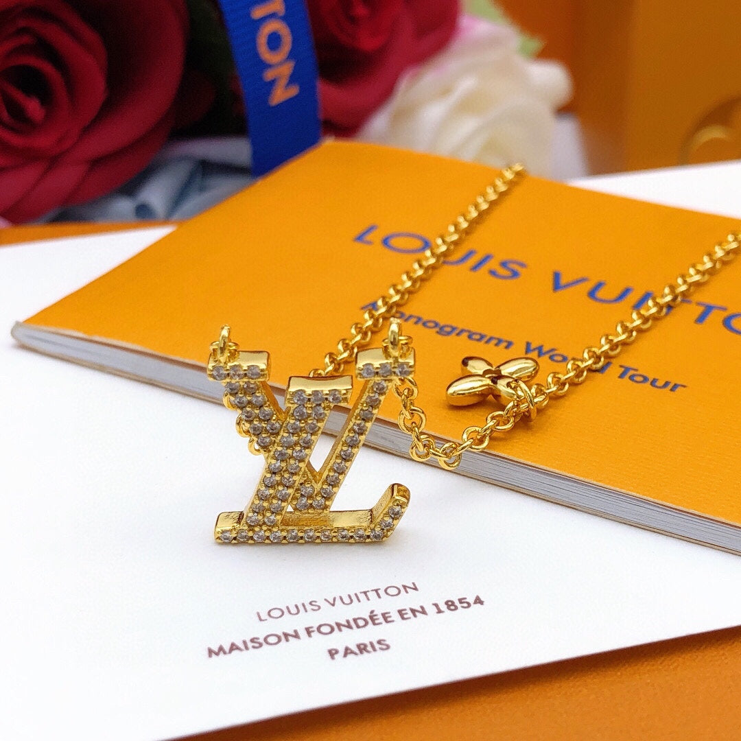 yellow brass crystal inlaid Necklace for women - alternate angle view 3