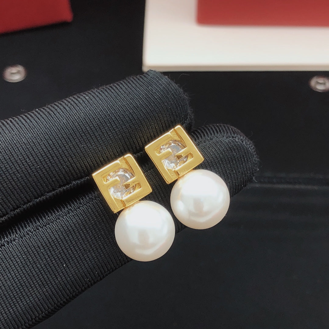 yellow brass pearl Stud Earrings for women - alternate angle view 2