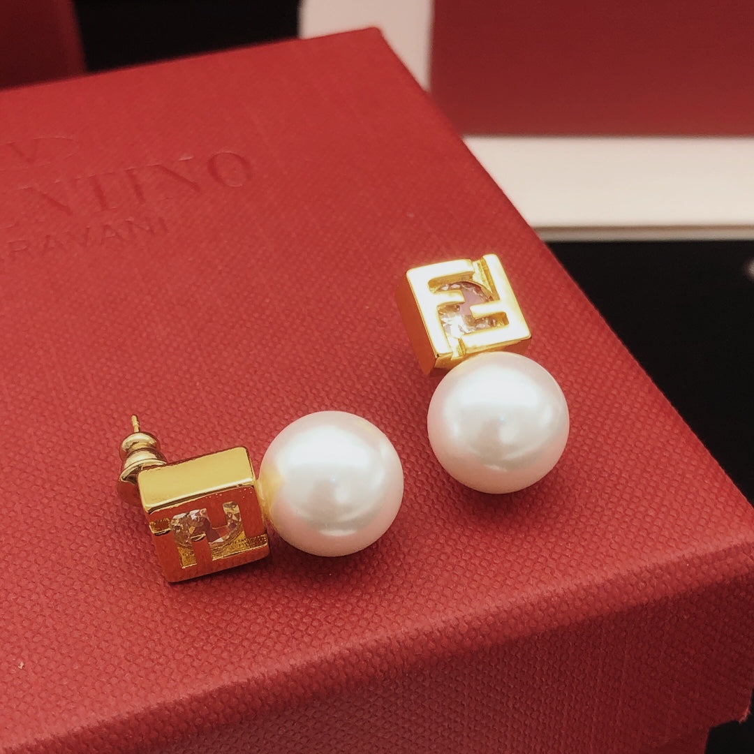 yellow brass pearl Stud Earrings for women - alternate angle view 5