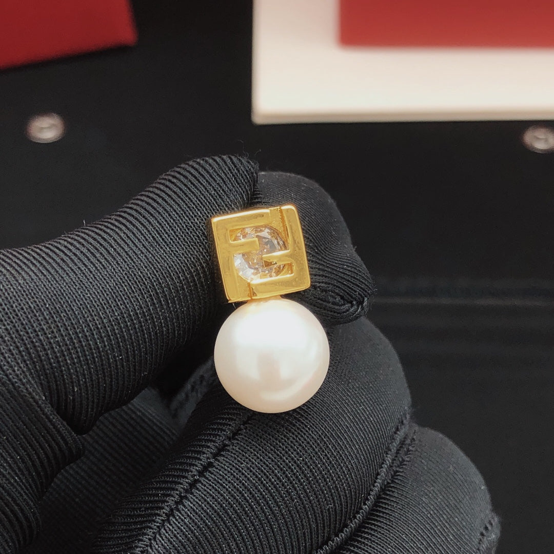 yellow brass pearl Stud Earrings for women - alternate angle view 4