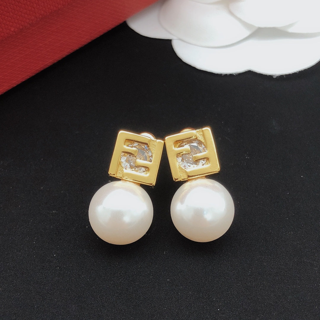yellow brass pearl Stud Earrings for women - alternate angle view 7