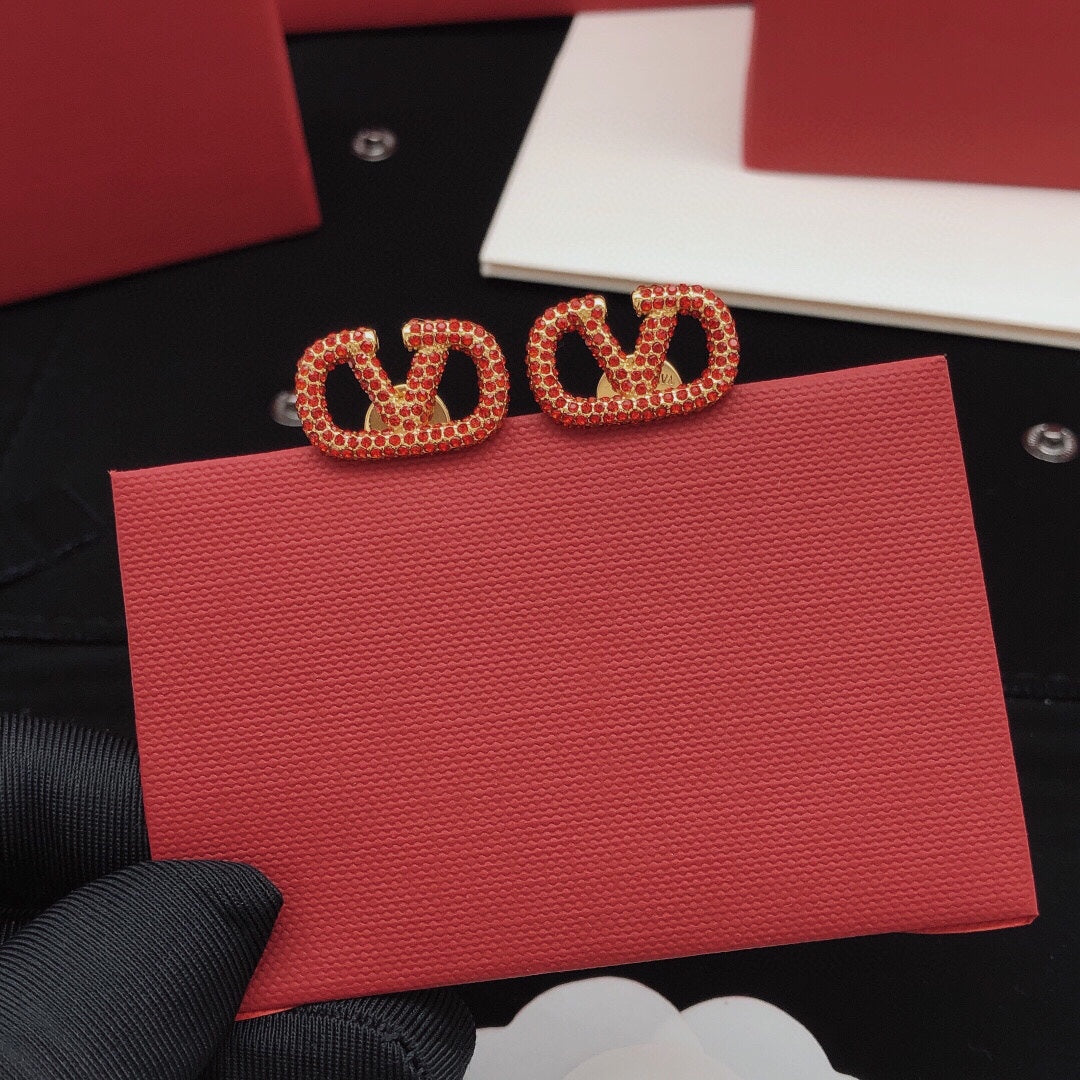 red crystal crystal inlaid Stud Earrings for women - alternate angle view 3