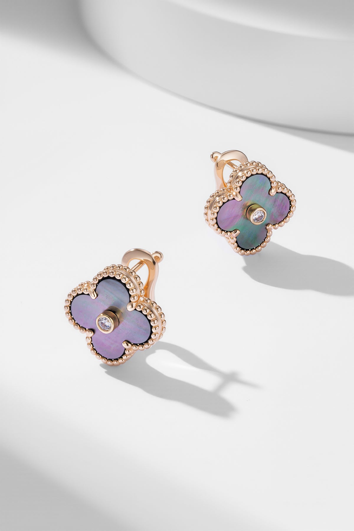 gray mother of pearl clover Drop Earrings for women - alternate angle view 2