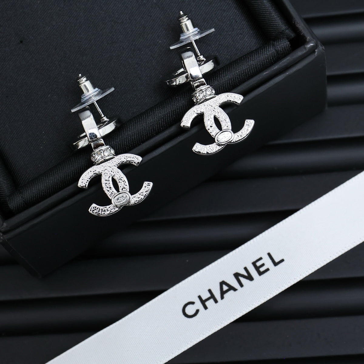 silver crystal minimalist Drop Earrings for unisex couple - alternate angle view 3
