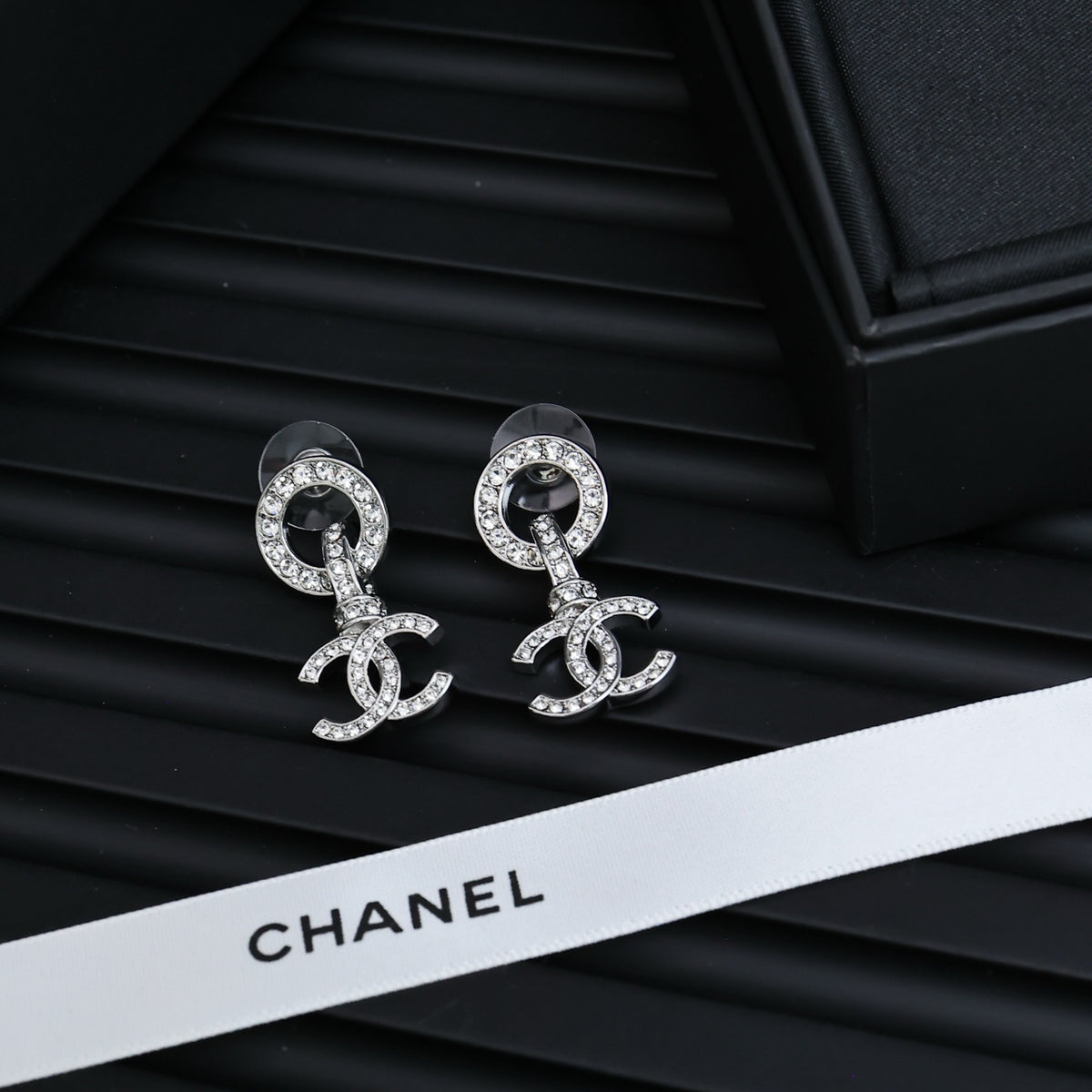 silver crystal minimalist Drop Earrings for unisex couple - alternate angle view 6