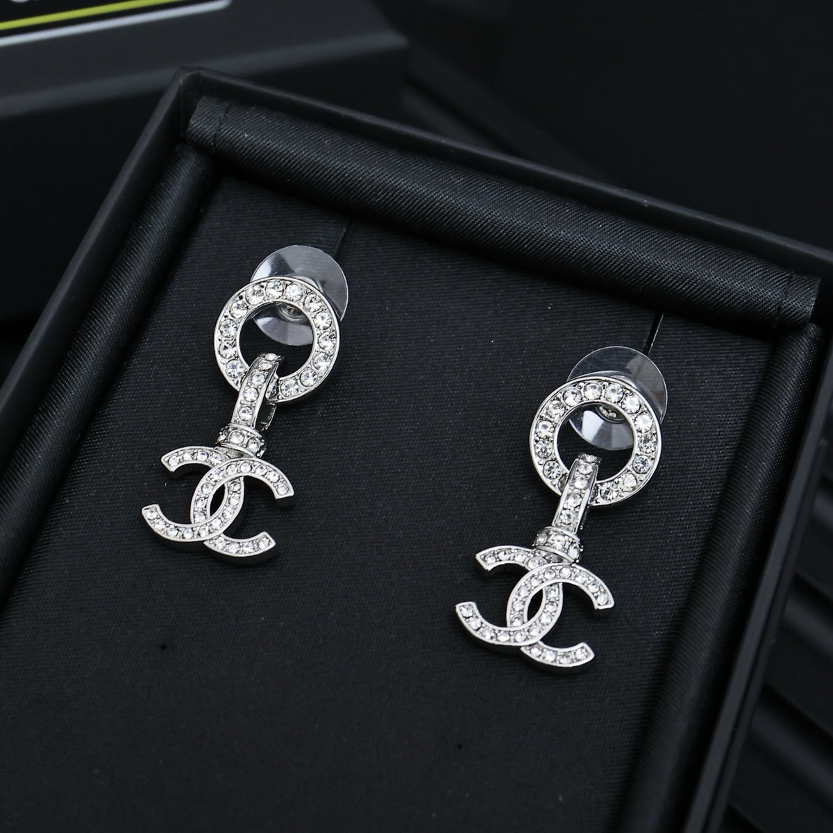 silver crystal minimalist Drop Earrings for unisex couple - alternate angle view 2