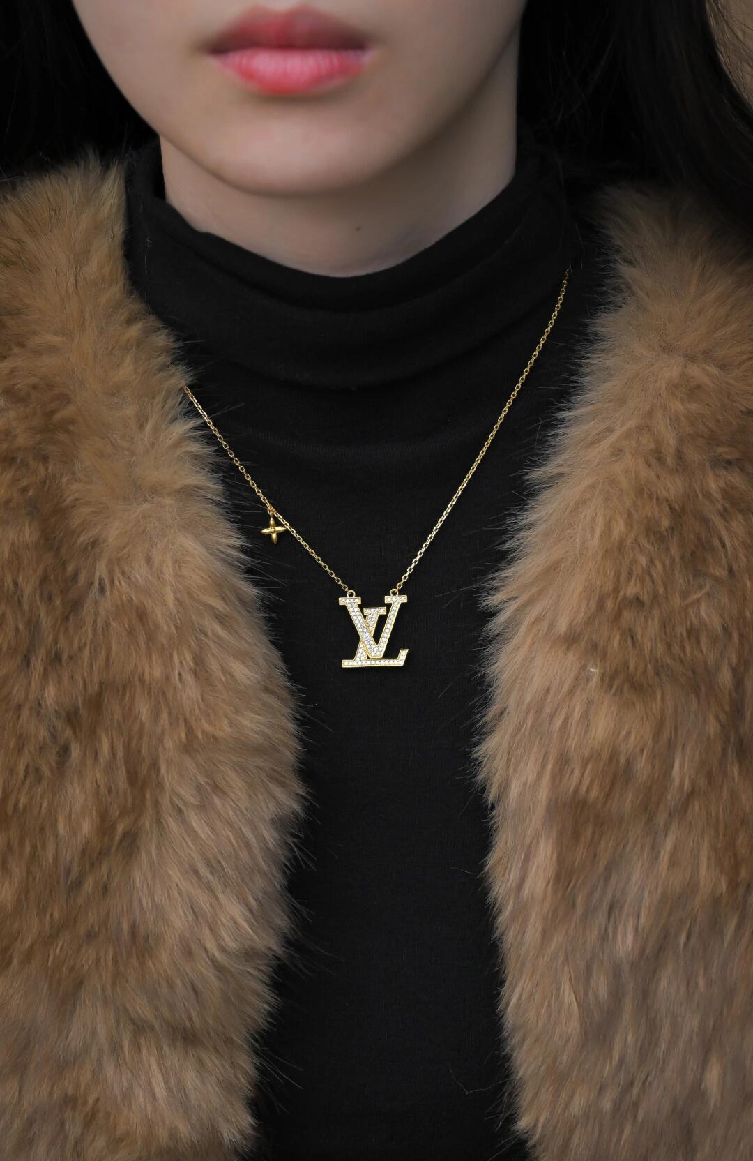 yellow brass crystal inlaid Necklace for women - alternate angle view 10