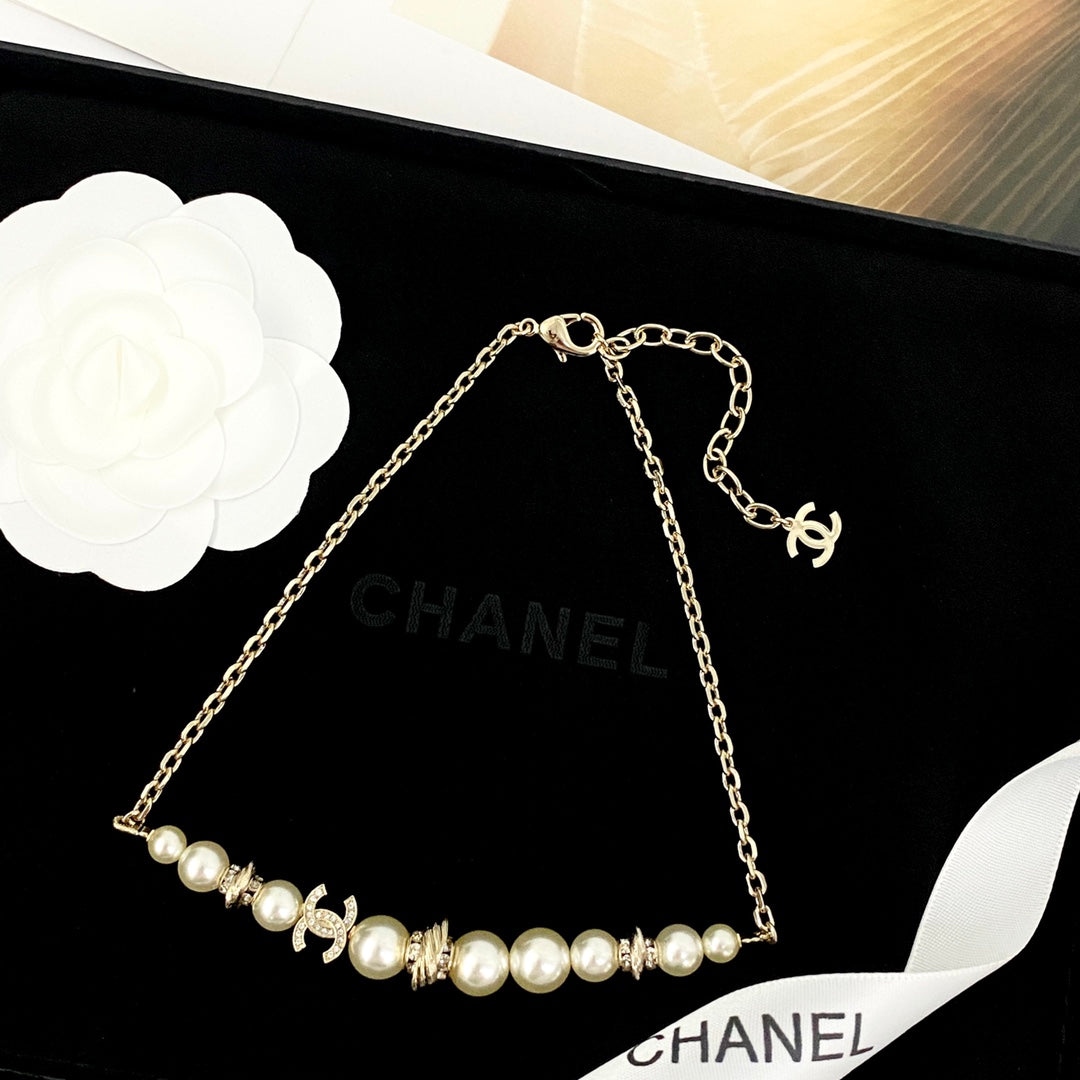 light gold pearl double c Necklace for women - alternate angle view 2