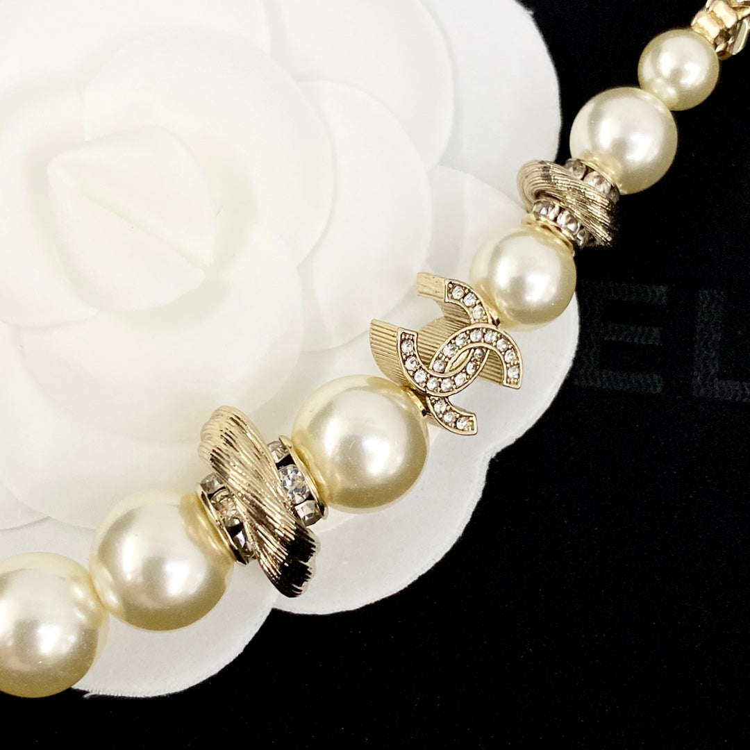 light gold pearl double c Necklace for women - alternate angle view 3