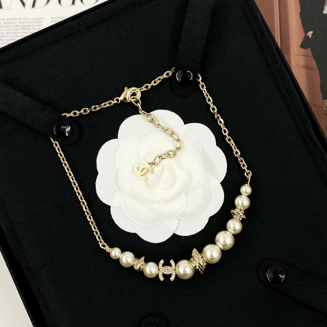 light gold pearl double c Necklace for women - alternate angle view 7