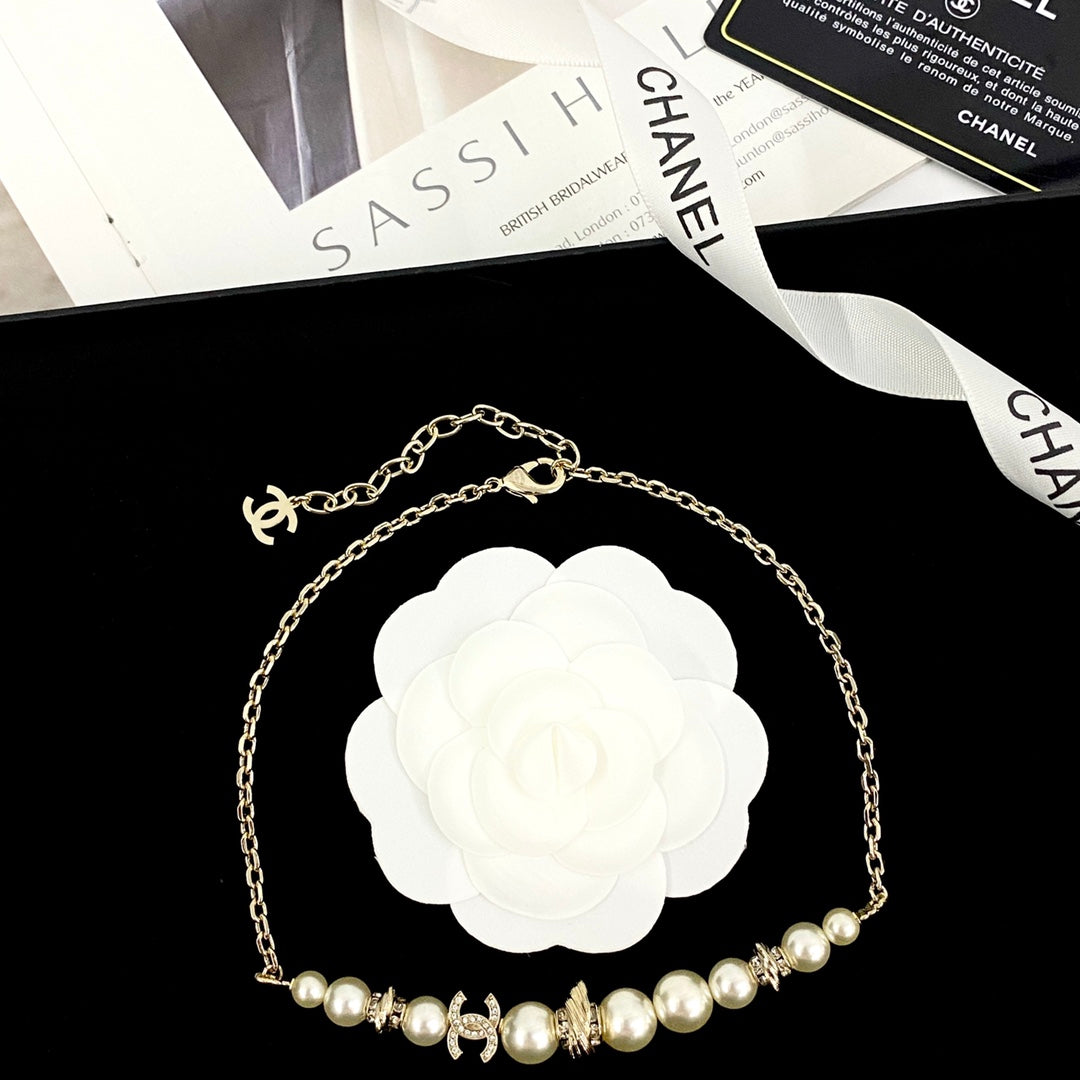 light gold pearl double c Necklace for women - alternate angle view 4