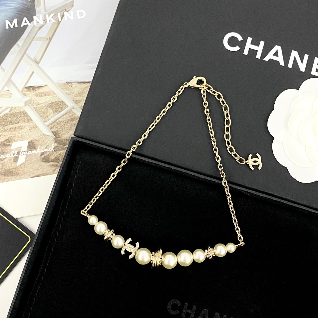 light gold pearl double c Necklace for women - alternate angle view 5