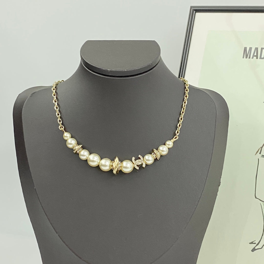 light gold pearl double c Necklace for women - product detail view