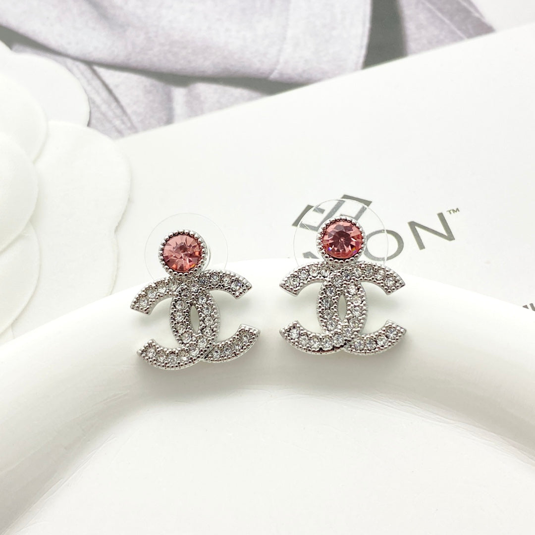 pink crystal rhinestone Stud Earrings for women - alternate angle view 2