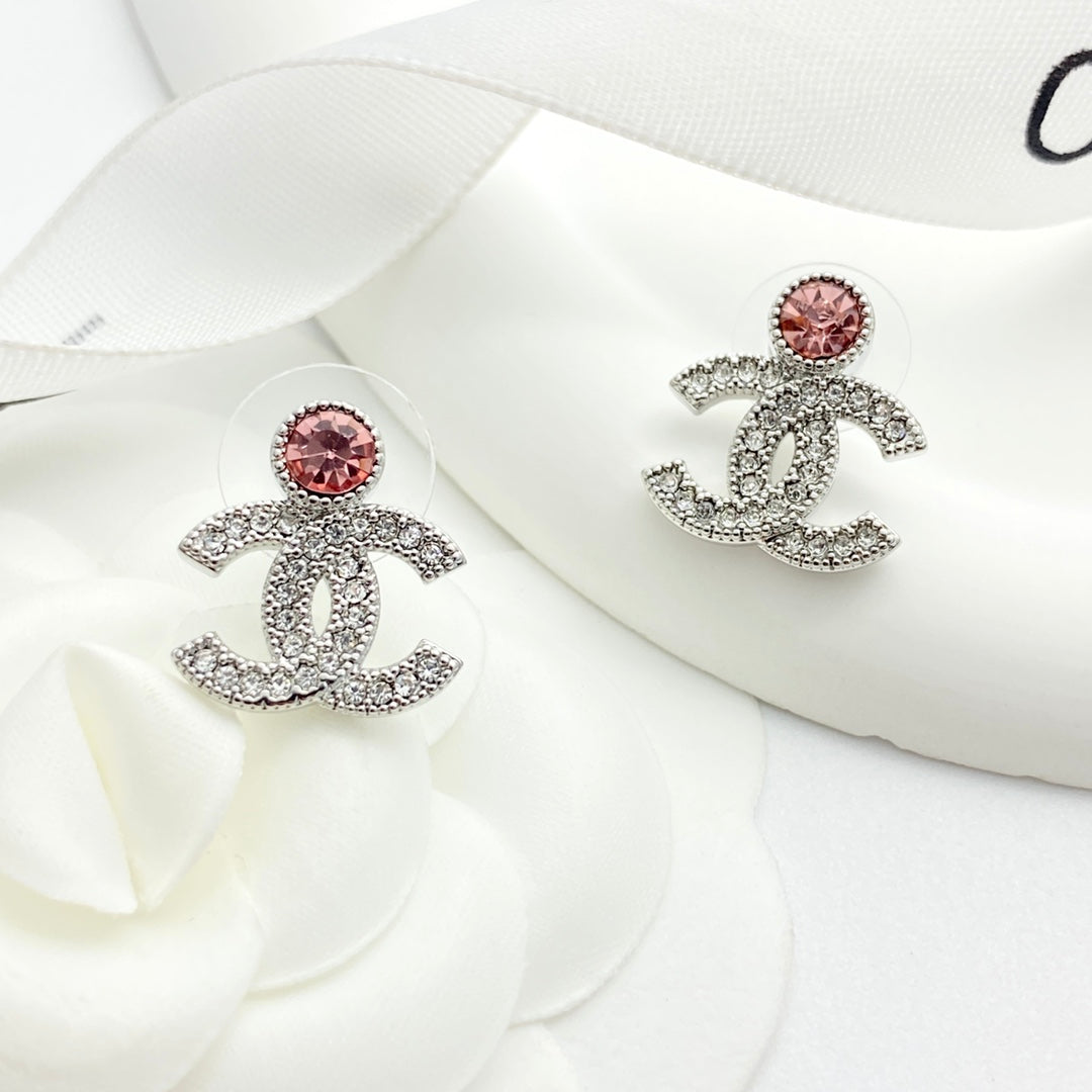 pink crystal rhinestone Stud Earrings for women - alternate angle view 4