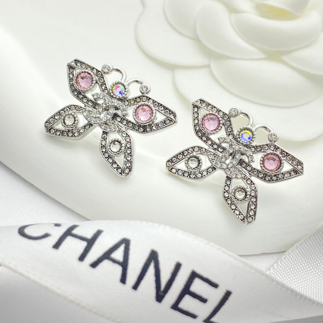 silver crystal butterfly Stud Earrings for women - alternate angle view 3