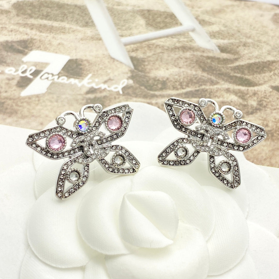 silver crystal butterfly Stud Earrings for women - alternate angle view 2