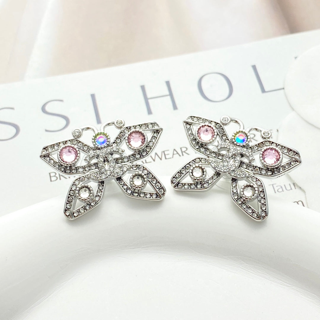 silver crystal butterfly Stud Earrings for women - alternate angle view 5