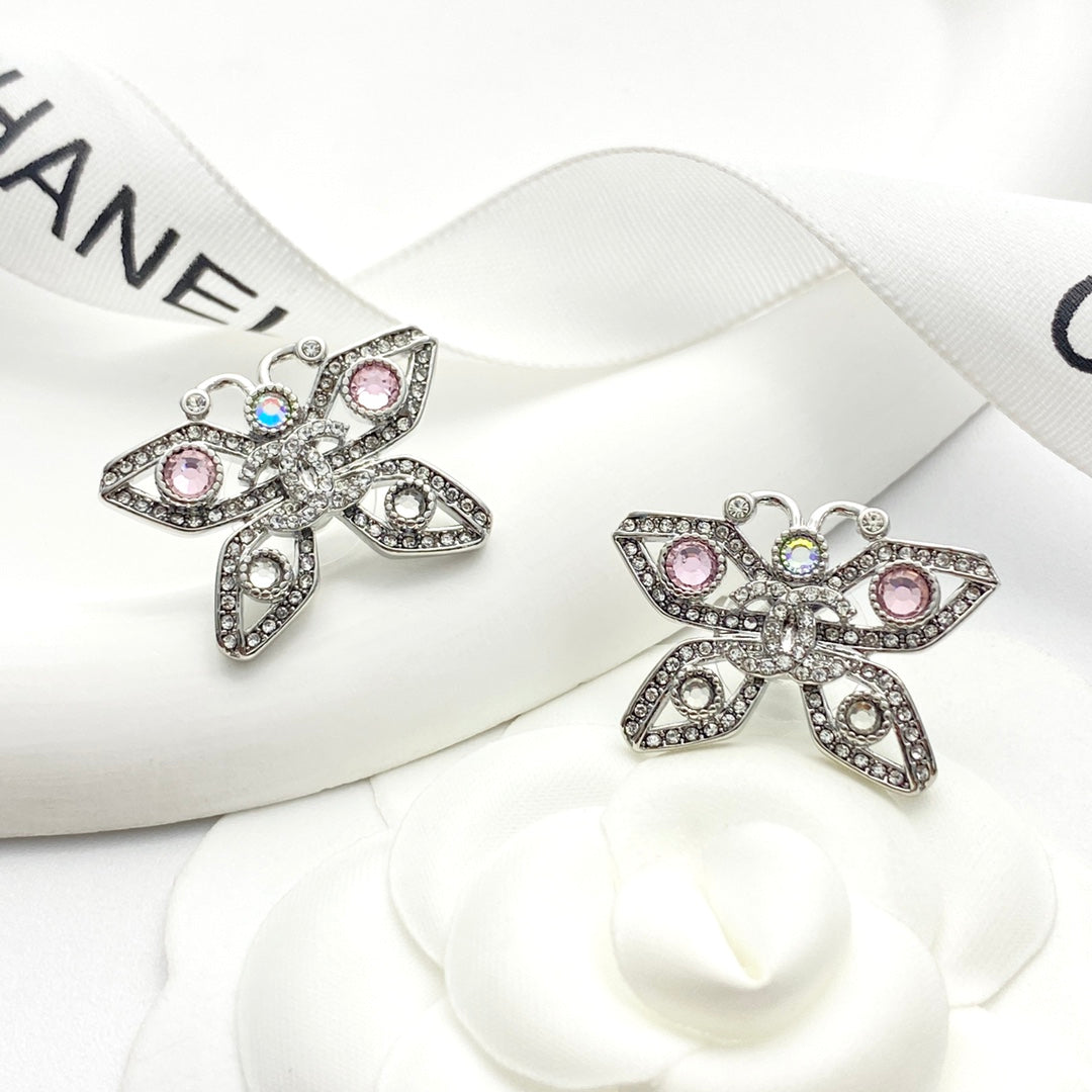 silver crystal butterfly Stud Earrings for women - product detail view