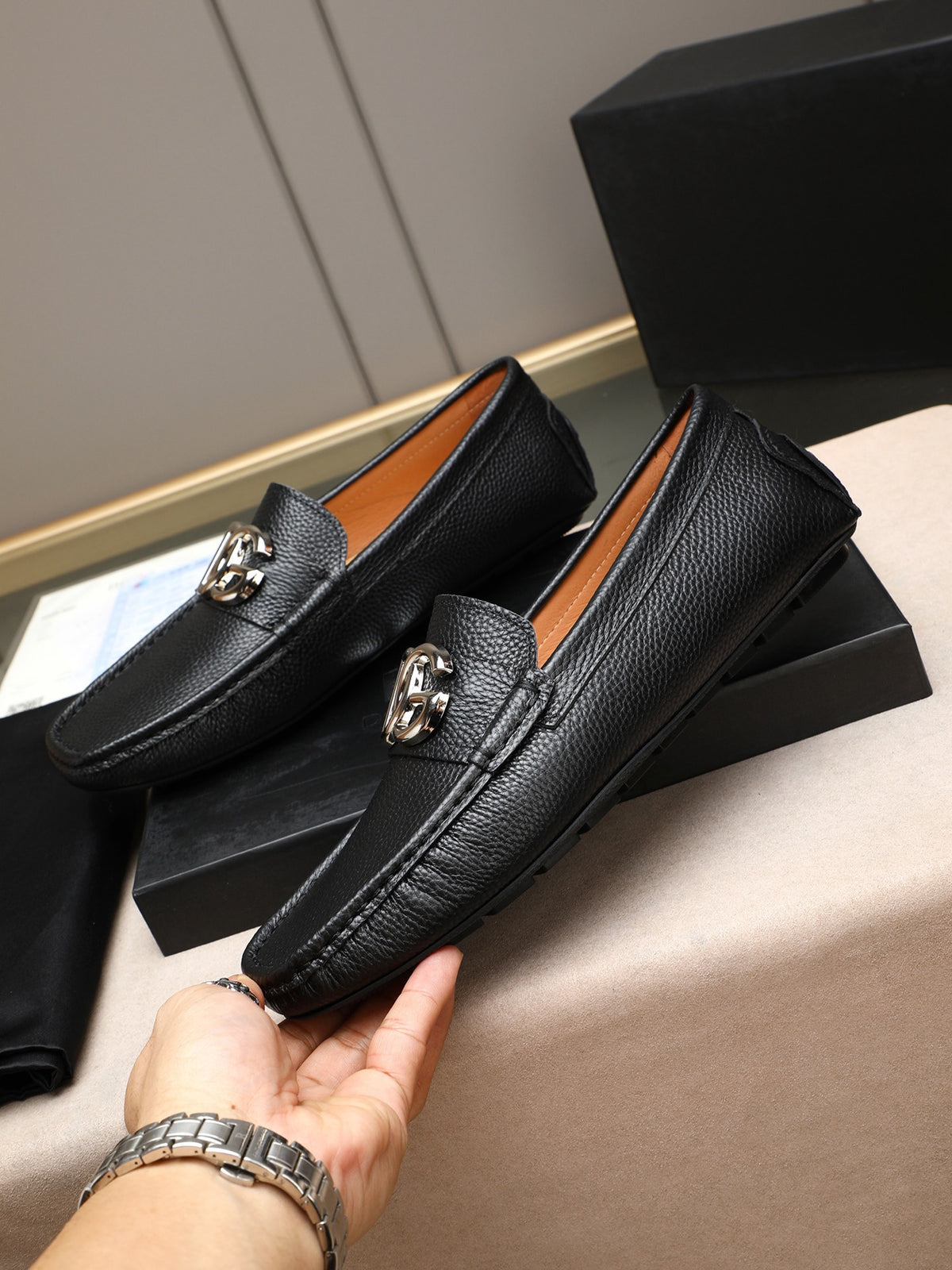 Dolce & Gabbana DG Men's Slip-On Moccasin Loafers with Metal Detail
