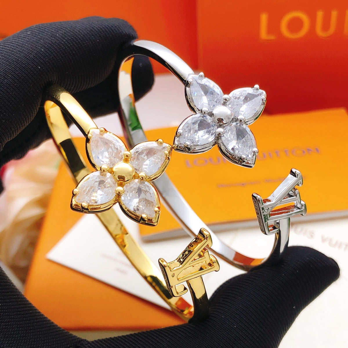 yellow brass crystal inlaid Bangle for women - alternate angle view 6