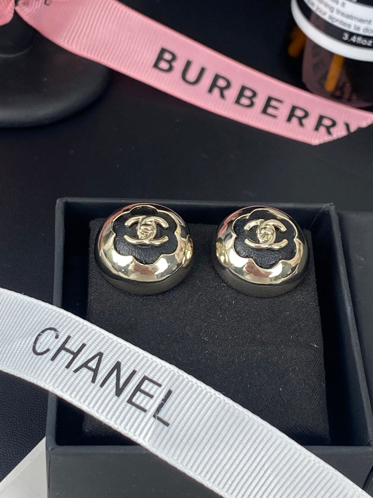 gold leather floral Stud Earrings for women - alternate angle view 7