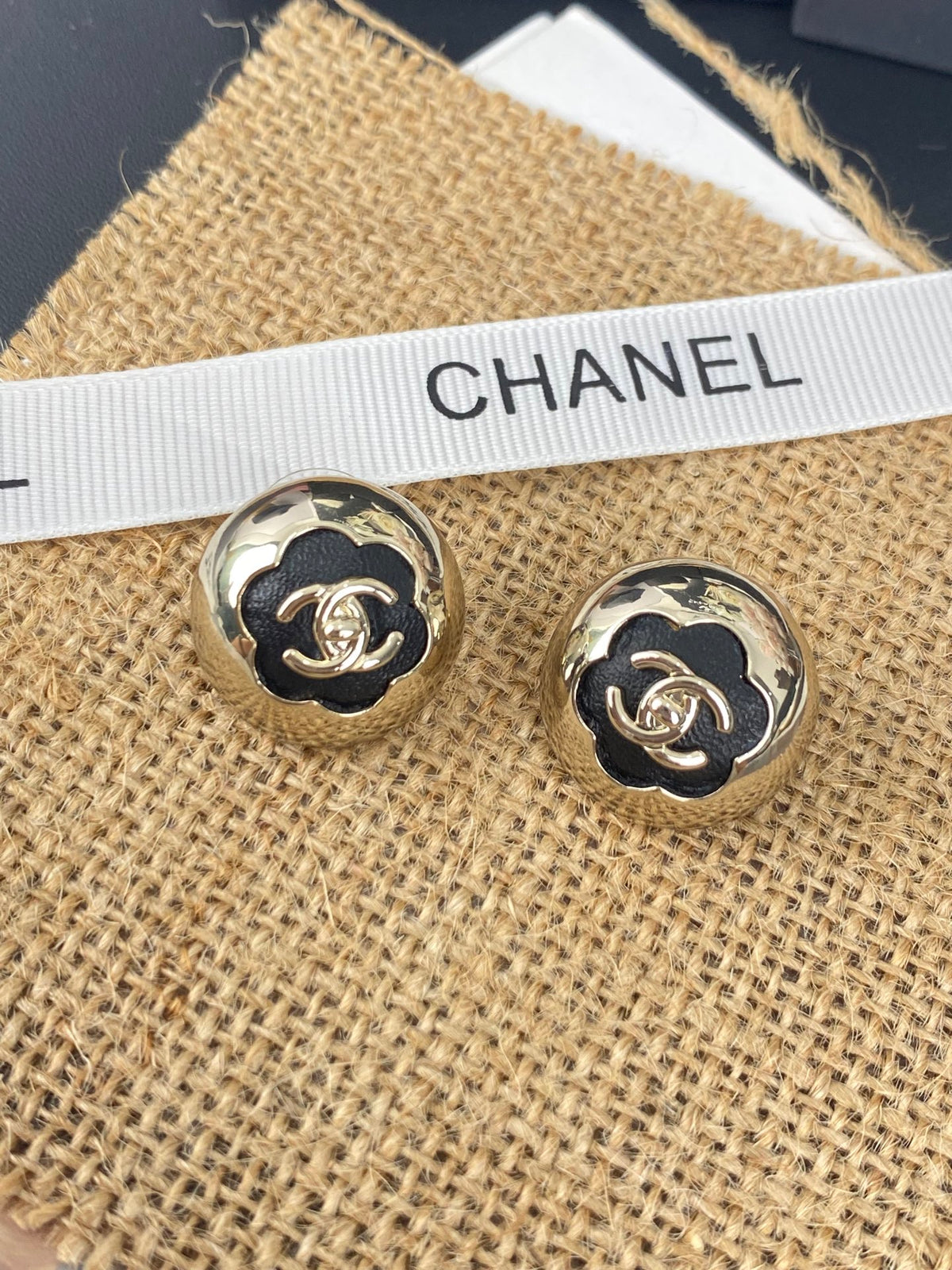 gold leather floral Stud Earrings for women - alternate angle view 2