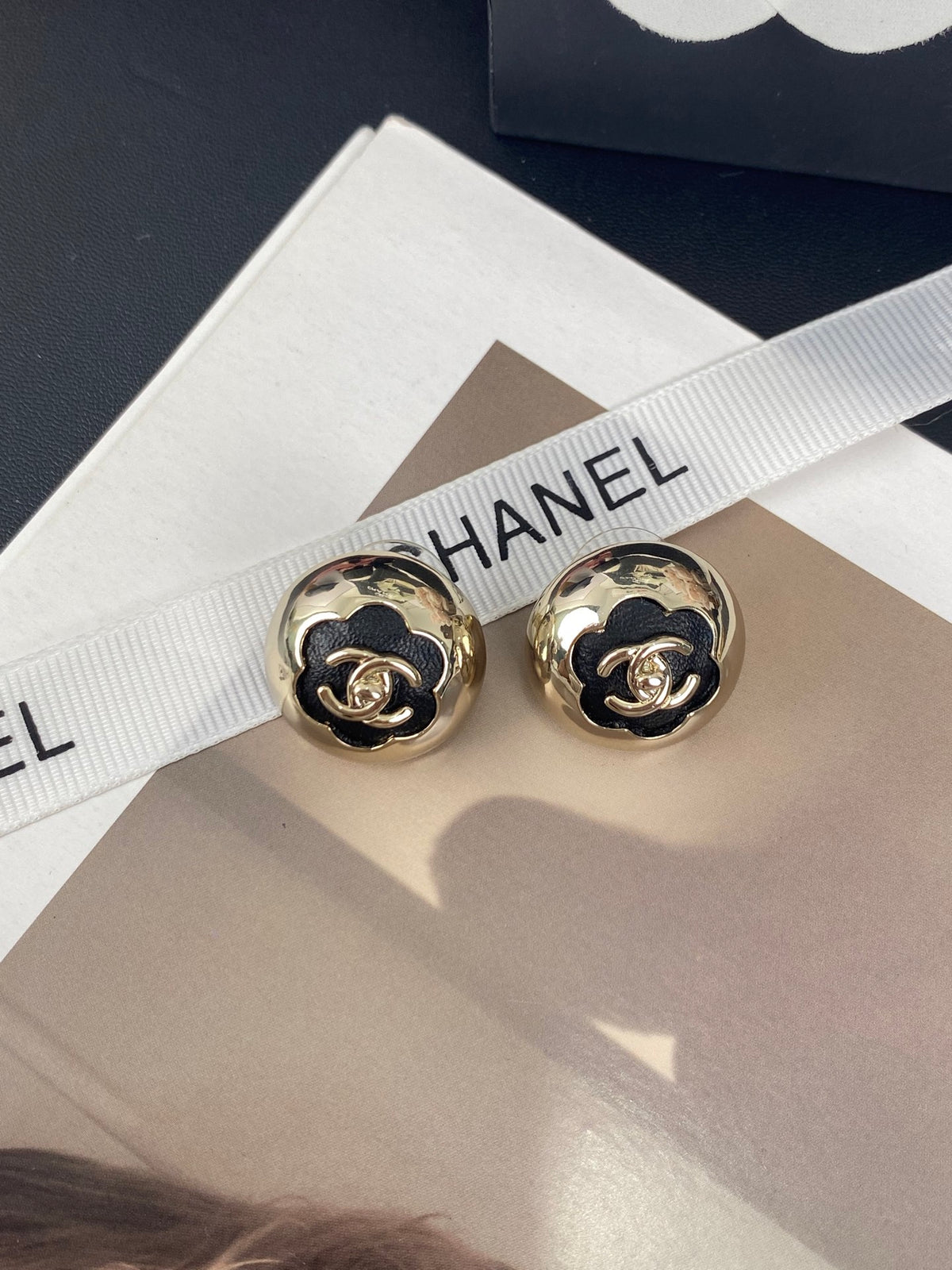 gold leather floral Stud Earrings for women - alternate angle view 5