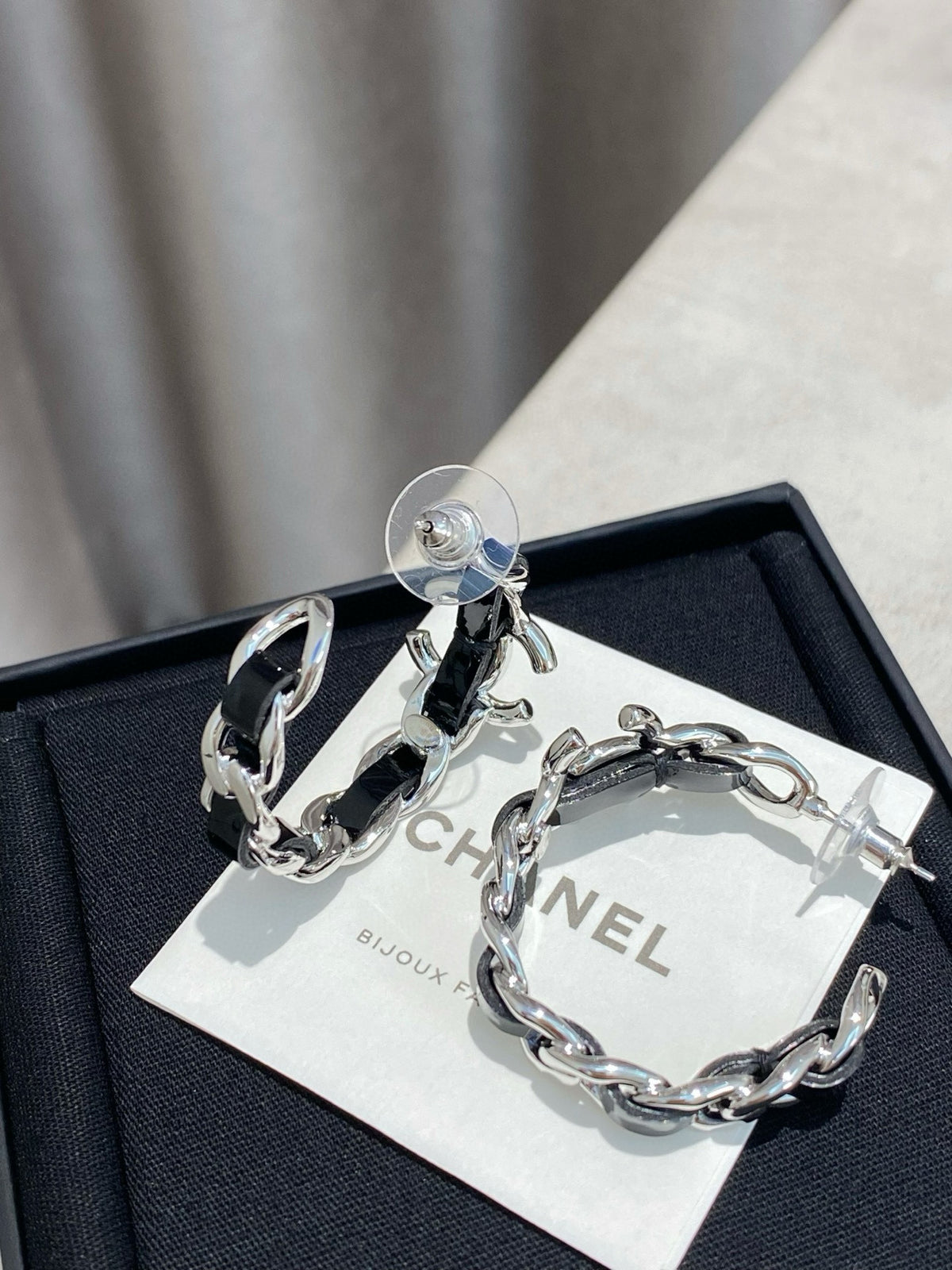 silver leather chain Drop Earrings for women - alternate angle view 7