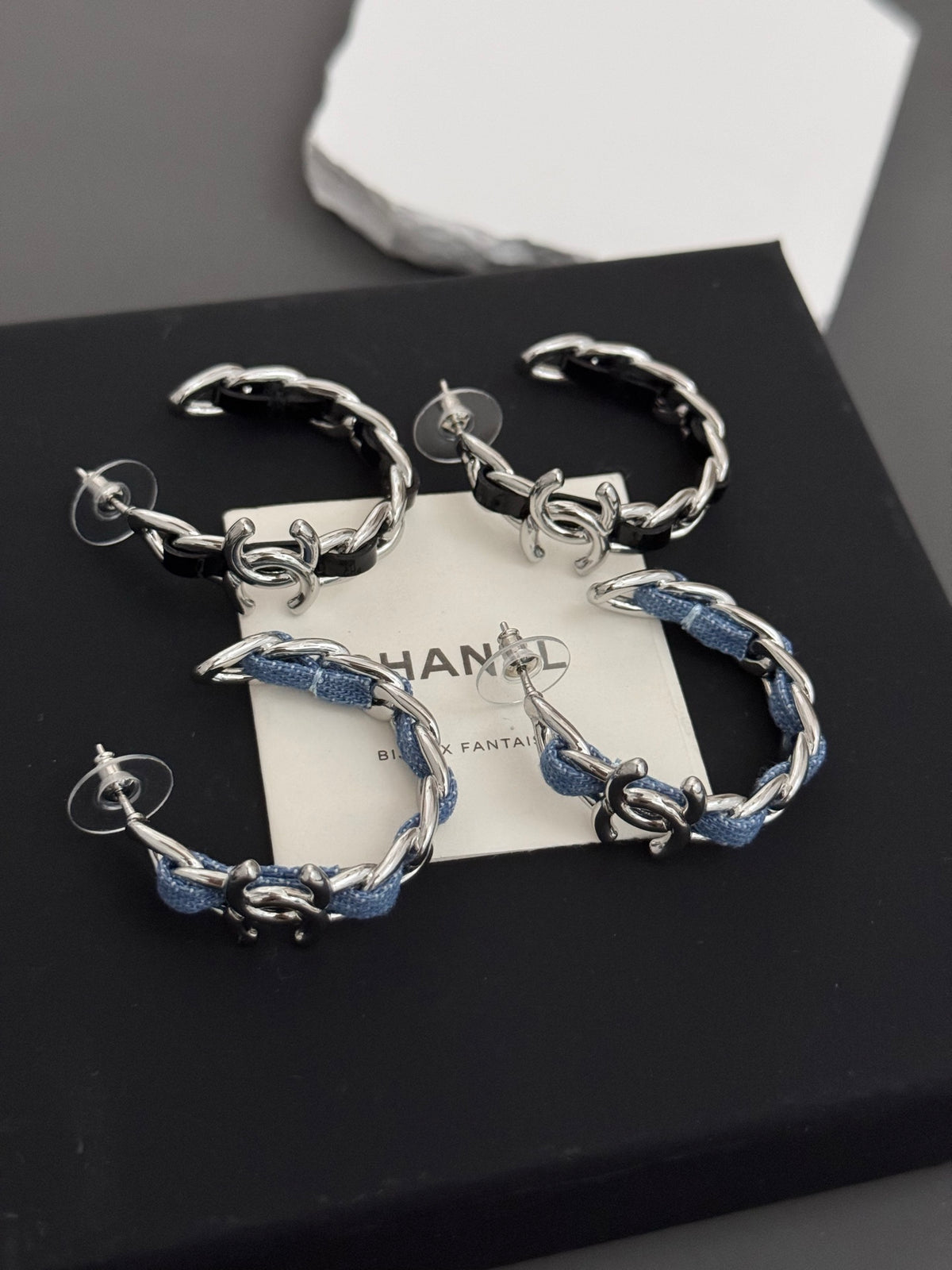 silver leather chain Drop Earrings for women - alternate angle view 2