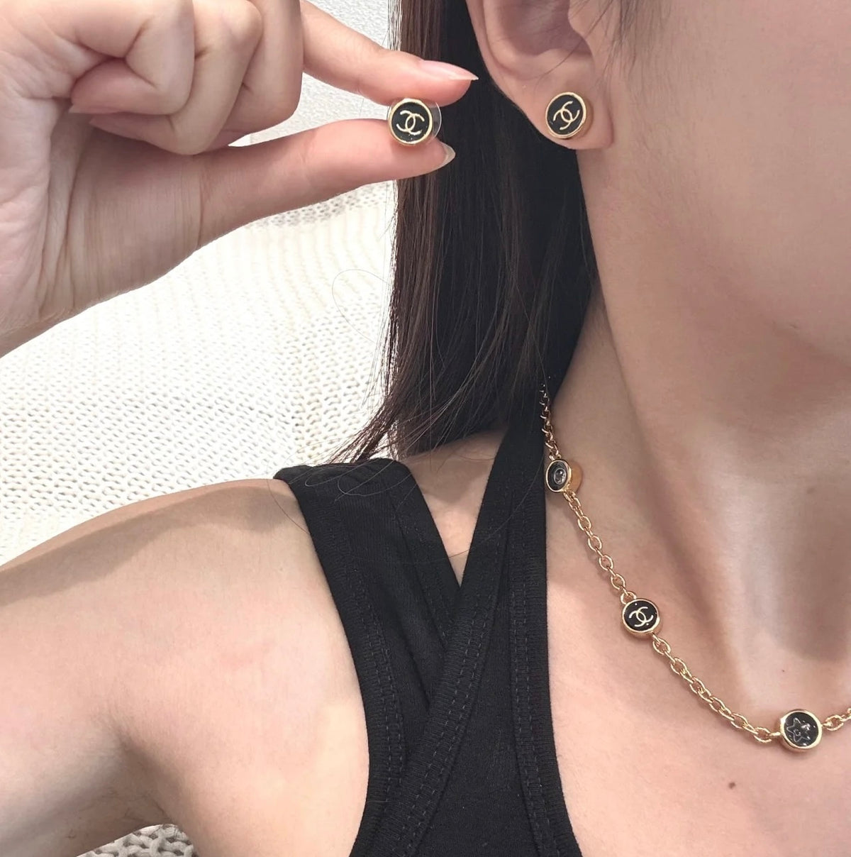 gold enamel vintage Stud Earrings for unisex couple - alternate angle view 3