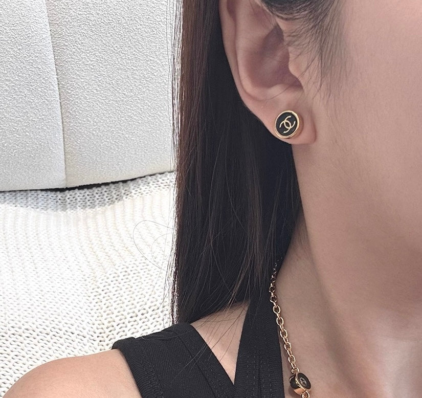 gold enamel vintage Stud Earrings for unisex couple - alternate angle view 2