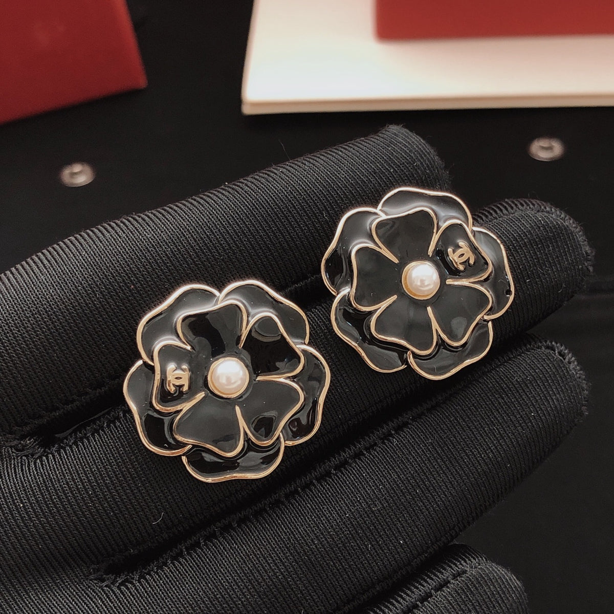black brass floral Stud Earrings for women - alternate angle view 3