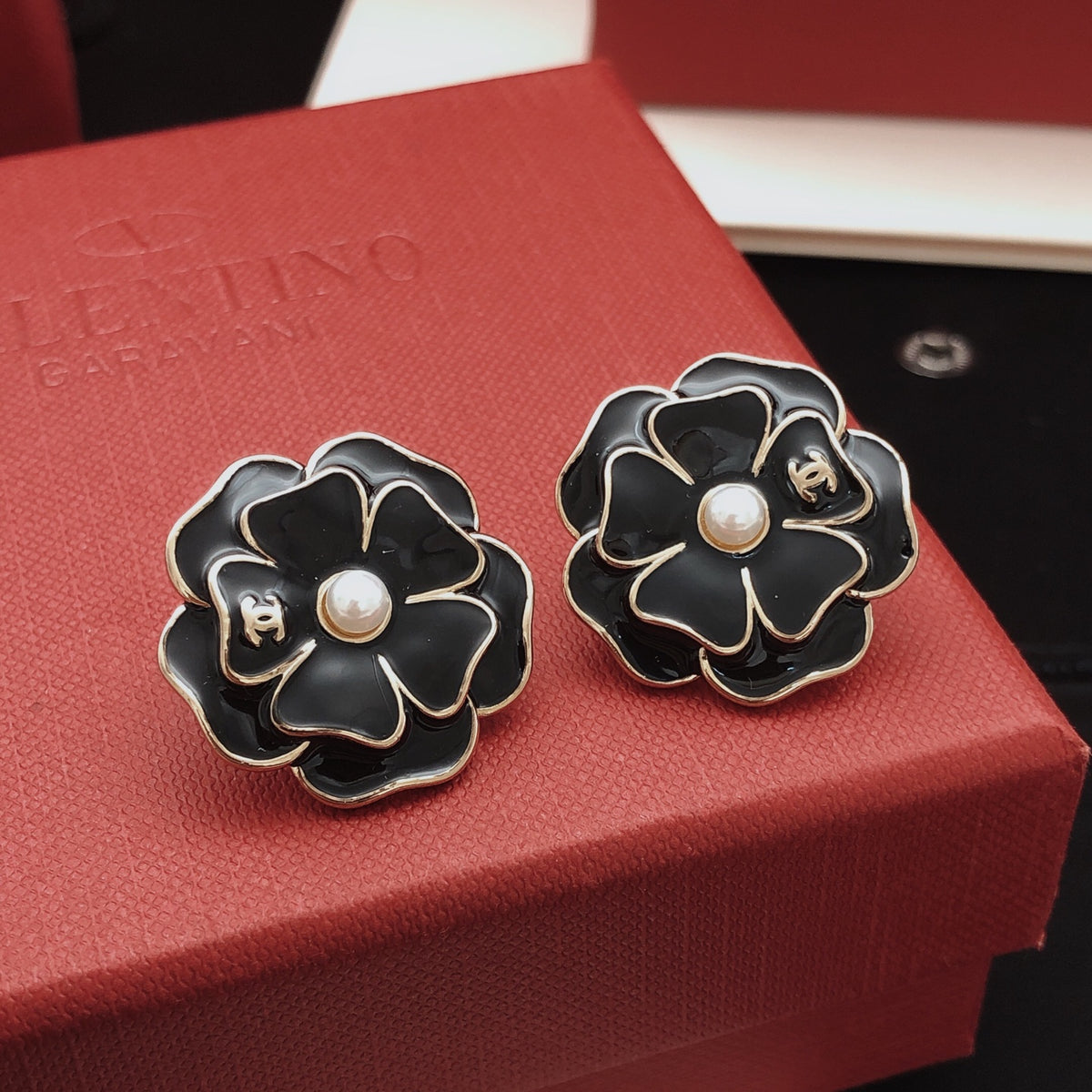 black brass floral Stud Earrings for women - alternate angle view 5