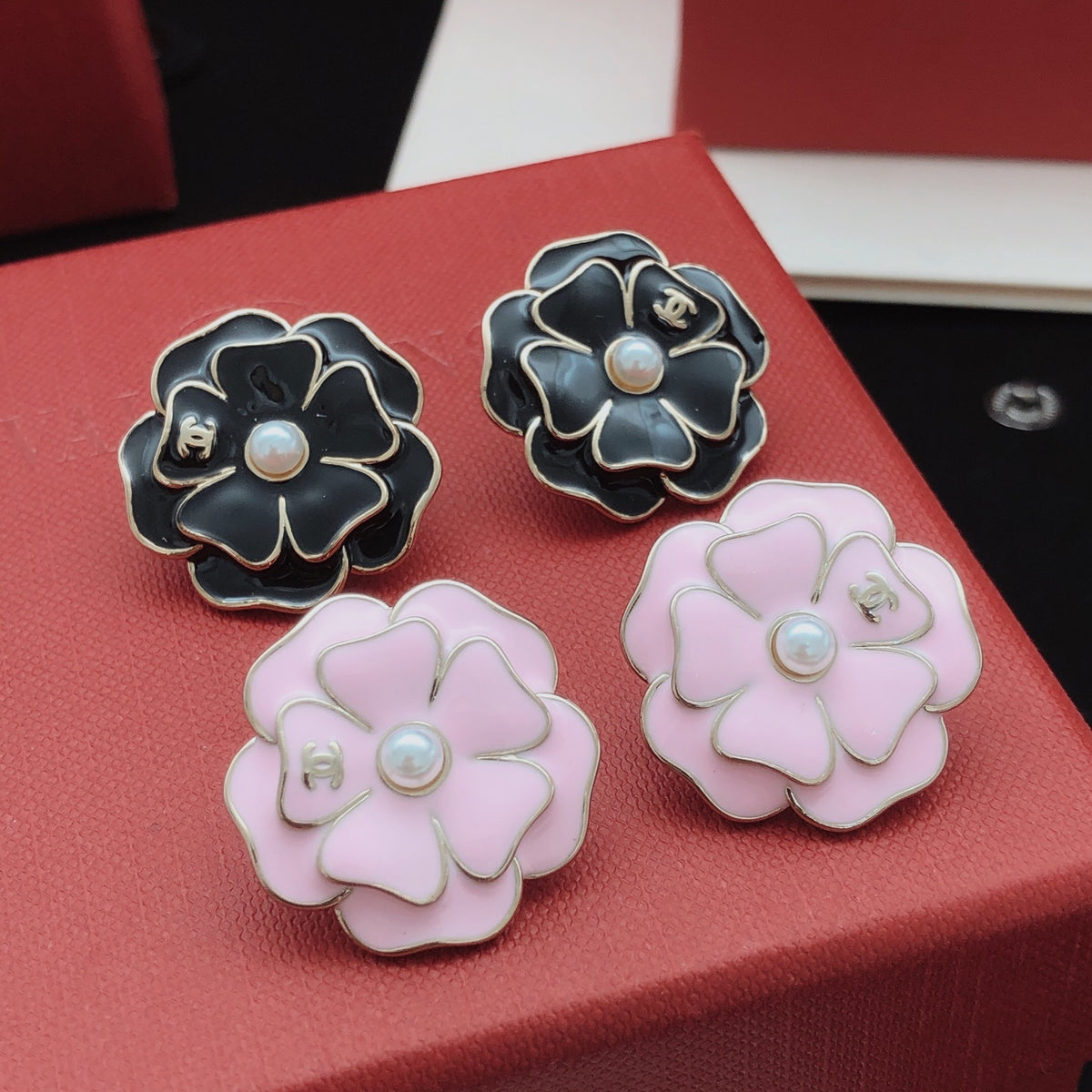 black brass floral Stud Earrings for women - alternate angle view 7