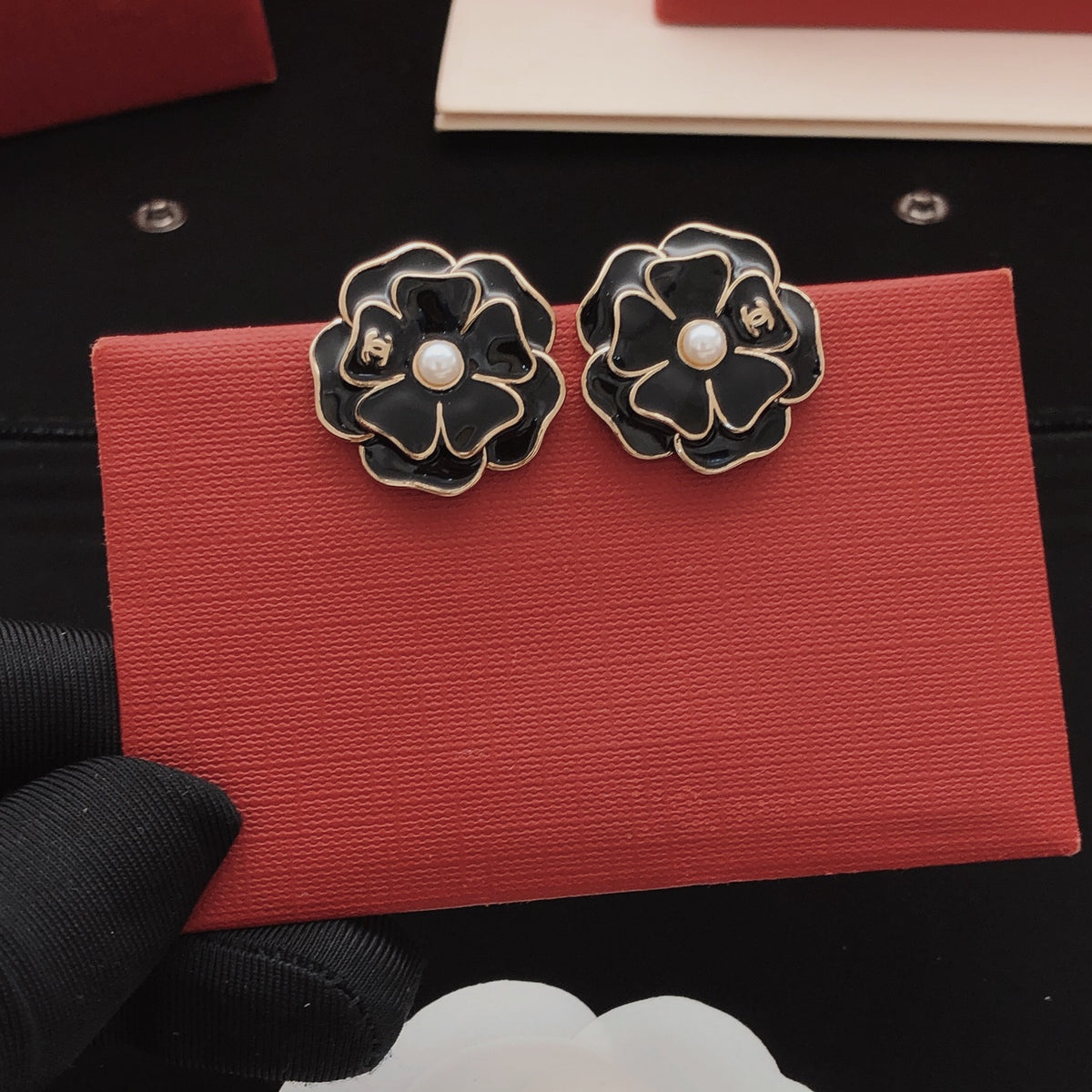 black brass floral Stud Earrings for women - alternate angle view 2