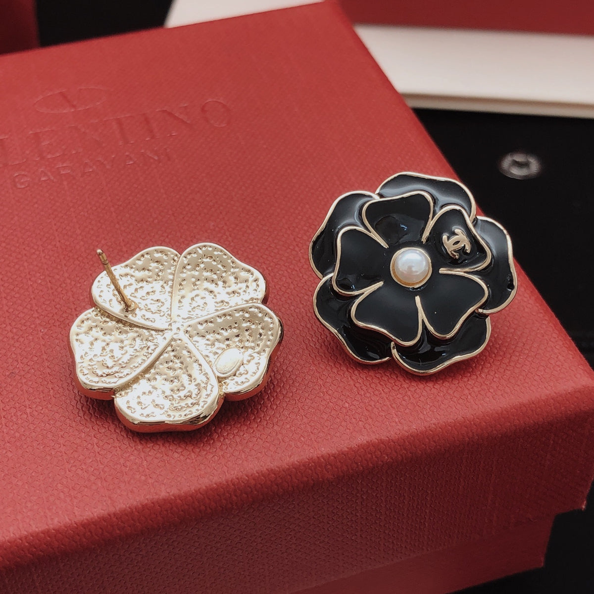 black brass floral Stud Earrings for women - alternate angle view 6