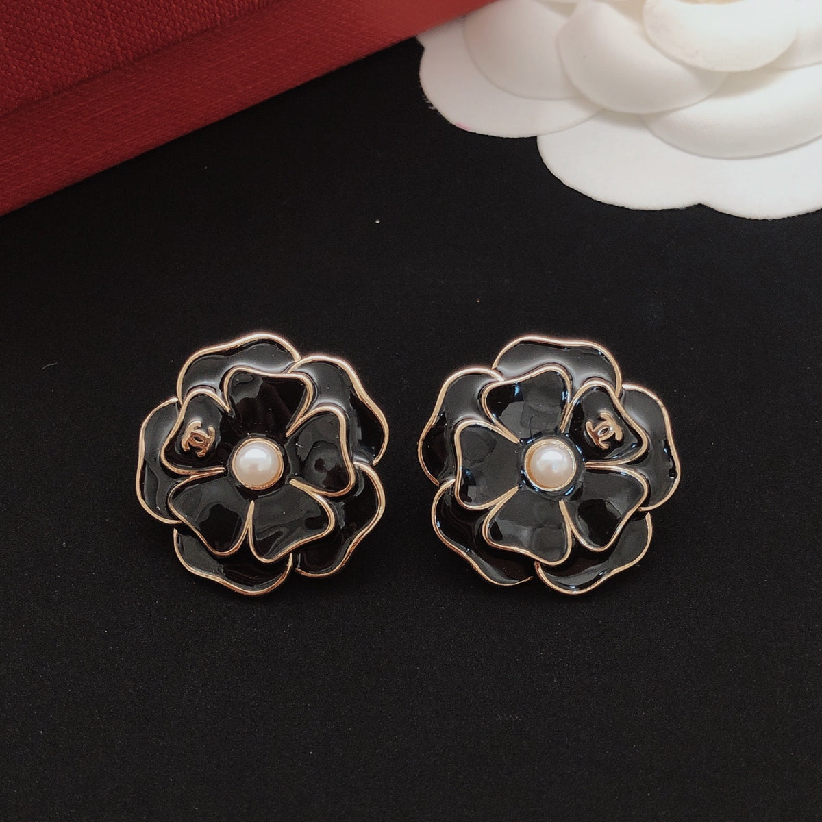 black brass floral Stud Earrings for women - alternate angle view 8