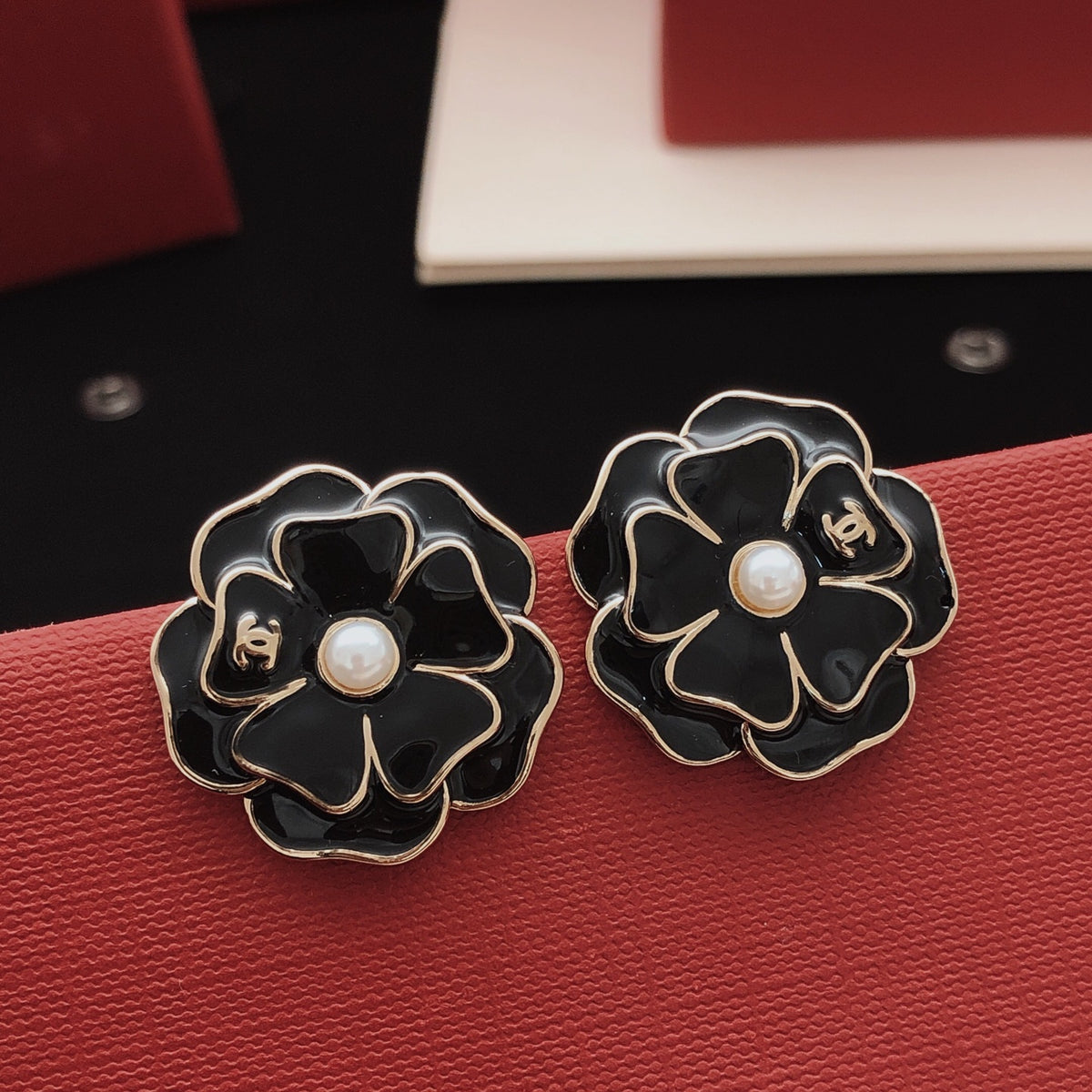 black brass floral Stud Earrings for women - product detail view