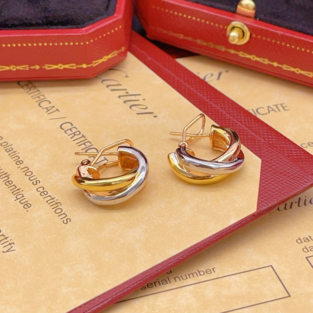tricolor brass floral Stud Earrings for women - alternate angle view 2